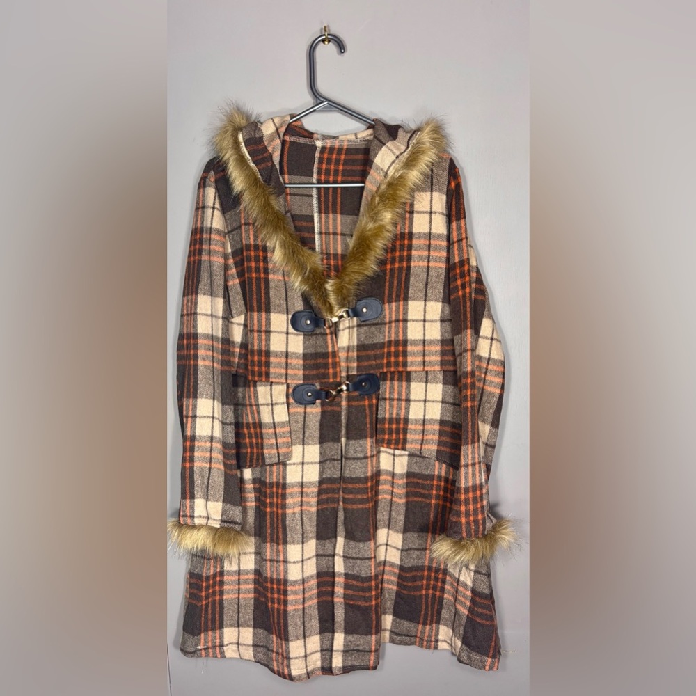Cozy Plaid Hooded Poncho with Faux Fur Trim